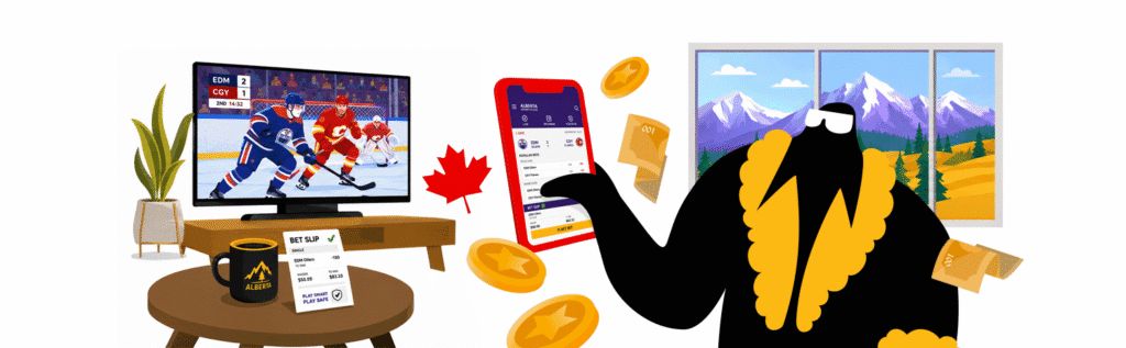 Player using a licensed Alberta sports betting site while watching a live hockey game.